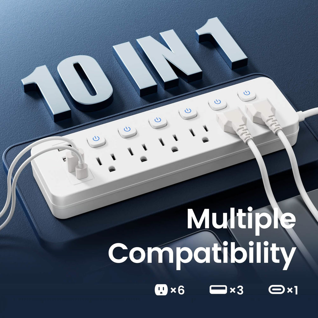 10-in-1 Multi-Outlet Power Strip – 6 AC, 3 USB-A, 1 Type-C