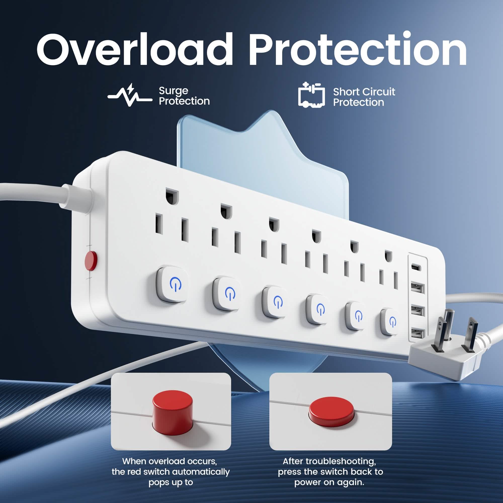 10-in-1 Multi-Outlet Power Strip – 6 AC, 3 USB-A, 1 Type-C